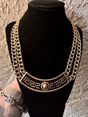 Bold Greek Key & Lion Head Statement Necklace Double Curb Chain